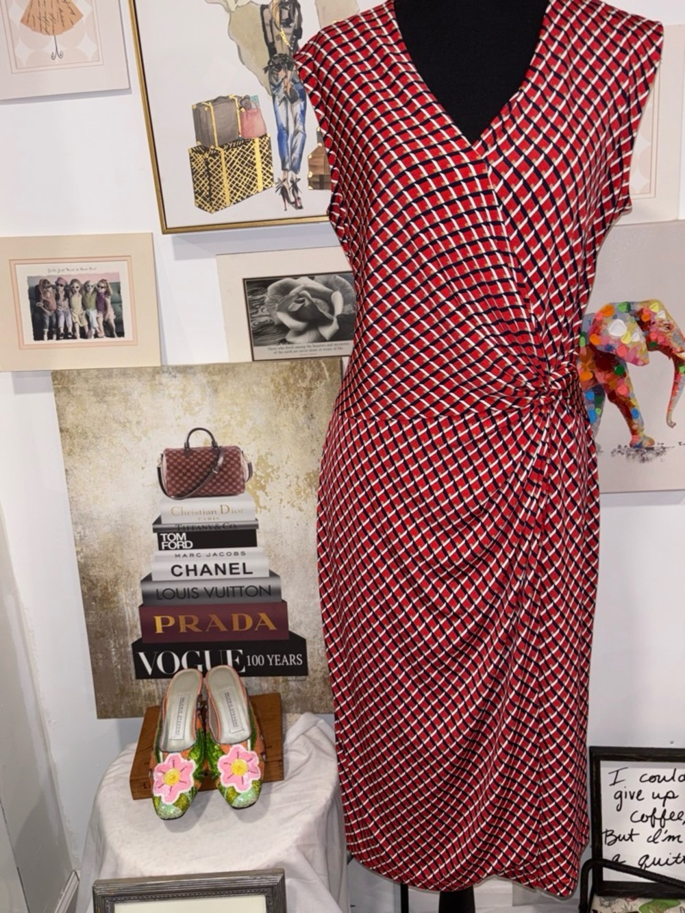 Banana Republic Red and Black Geometric Knot-Front Midi Dress